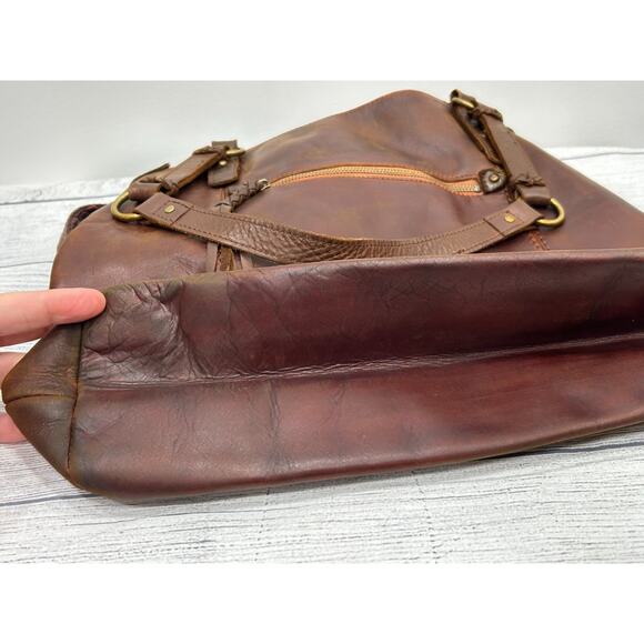 The Sak Brown Leather Boho Braided Strap Zip Pocket Tote Shoulder Crossbody Bag - Picture 14 of 16